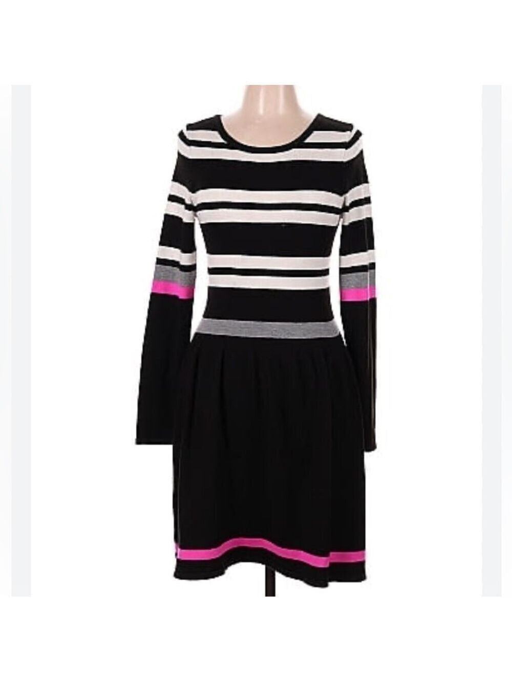 Vince Camuto Black White Pink Acrylic Sweater Dress Knee Length Fit and Flare